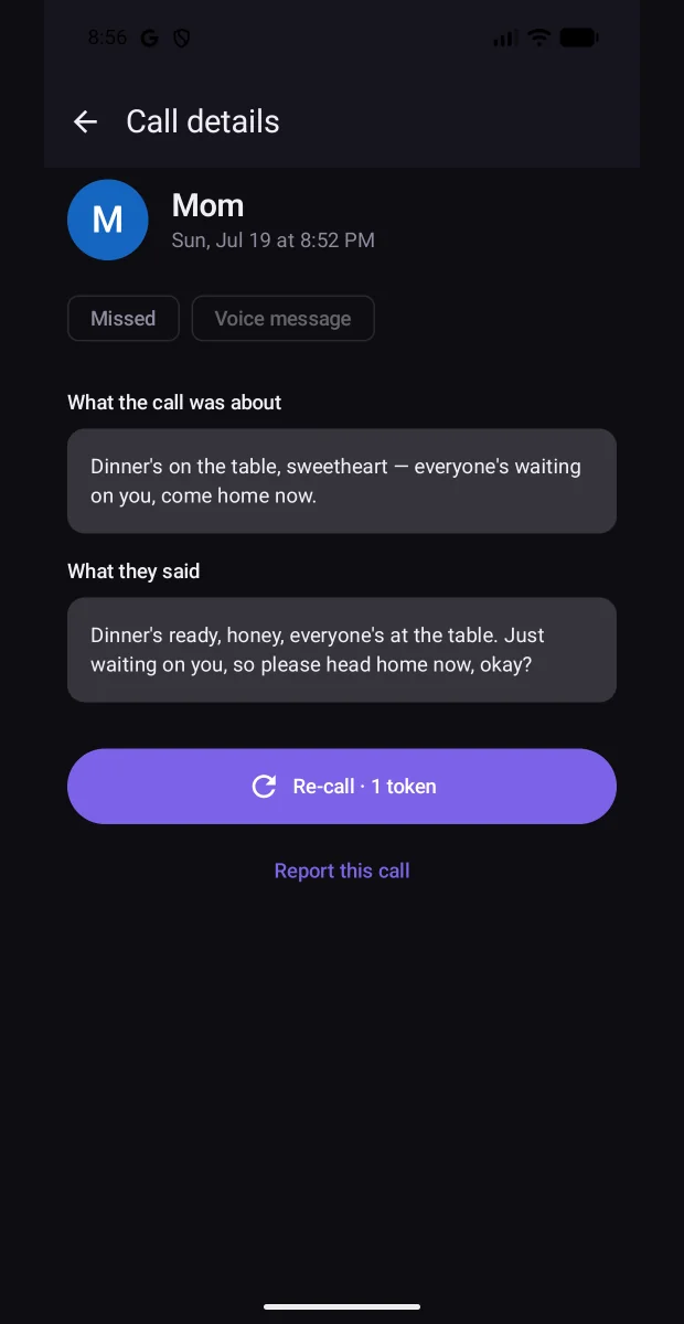 Call details in dark theme, showing what the call was about alongside what the caller actually said.