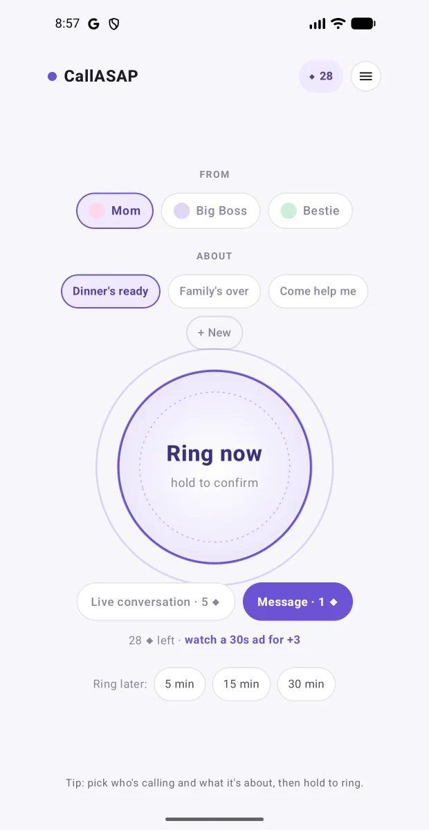 The CallASAP home screen: chips to pick who is calling and what the call is about, above a large Ring now button.