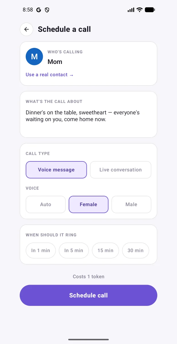 The Schedule a call screen: caller, what the call is about, voice message or live conversation, and how soon it should ring.