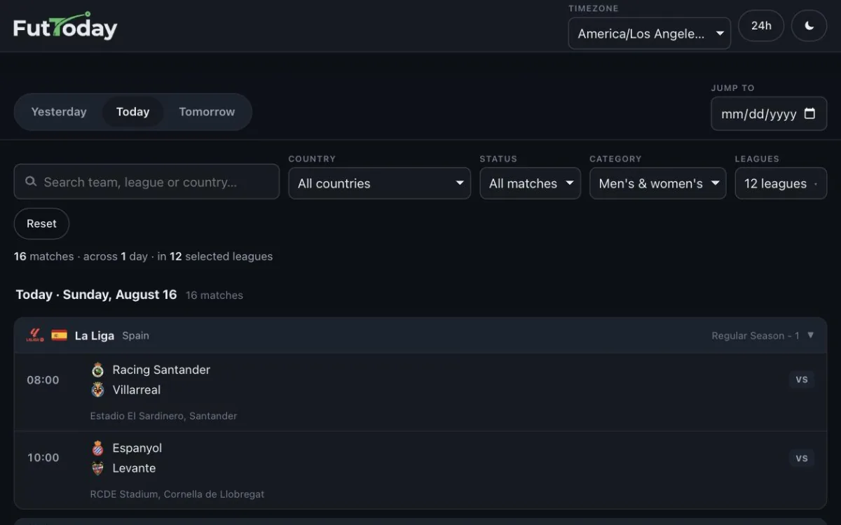 The FutToday fixture list: a timezone selector set to America/Los_Angeles, filters for country, status, category and league, and today's La Liga matches with their kickoff times.
